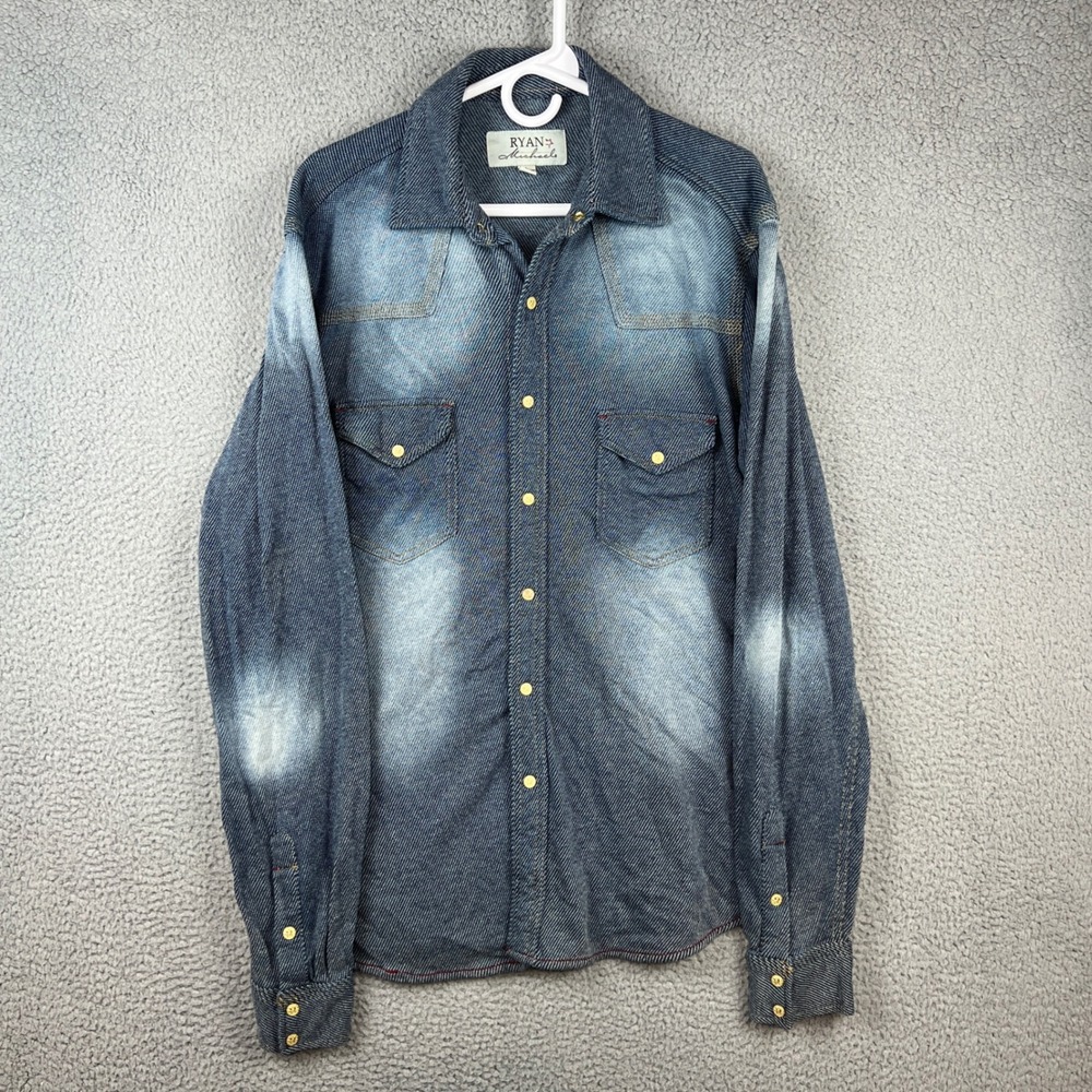 Ryan Michael Mens Blue Indigo Cotton Twill Western Snap Long Sleeve Shirt Large